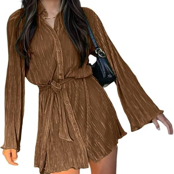 Dresses & Skirts - Women's Collar V Neck Button Down Pleated Long Sleeve Mini Shirt Dress with Belt